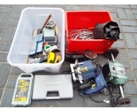 A mixed lot of power tools and hand tools to include a Nu Tool six inch bench grinder, a Powercraft router, an angle grinder,