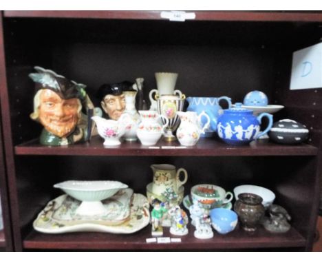 A mixed lot of good quality ceramics to include Wedgwood Jasper ware, Royal Worcester, Royal Doulton character jugs, a Bellee