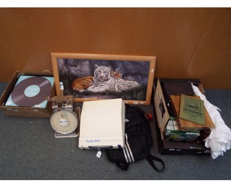 A good mixed lot to include linen, two stamp albums, a small wooden storage box, six record album frames, a set of scales, fr