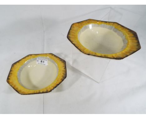 Clarice Cliff - two fruit dishes, Bizarre, Wilkinson Ltd Royal Staffordshire Pottery, signed to the base, 15.6 cm (width) [2]