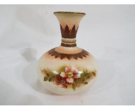 Royal Worcester - A small Hadley's bulbous vase with floral decoration, stamped to the base, approximately 10 cm (h) Est £40 