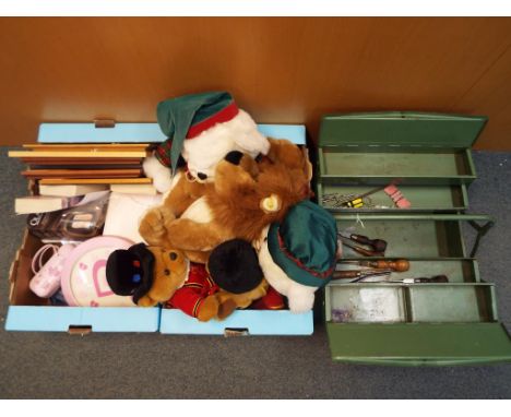 A mixed lot to include ceramics, picture frames, a clock, cuddly toys and a good quality metal tool box containing a small qu