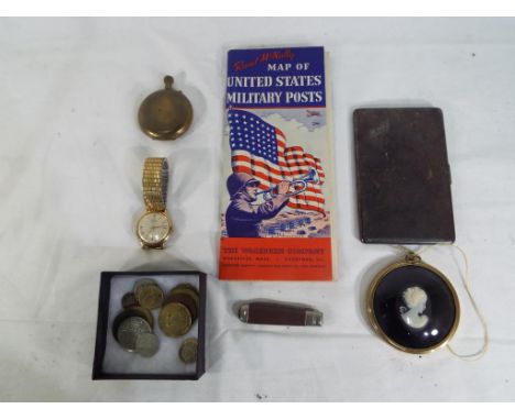 A good mixed lot to include a white metal engine turned cigarette case, a yellow metal pocket watch, Oris wrist watch stamped