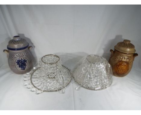 Two large Rumtopf lidded stoneware German pots and a pair of beaded lamp shades (4) This lot MUST be paid for and collected, 