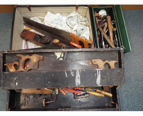 A wooden tool chest, metal tool box and vintage suitcase all containing a quantity of hand tools (3) This lot MUST be paid fo