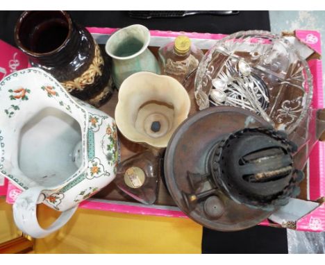 A good mixed lot of glassware and ceramics to include a West German vase, Crown Devon water jug, two vintage Scotch Whisky Di