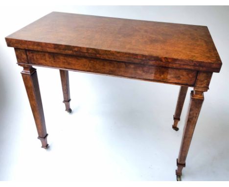 CARD TABLE, 19th century rectangular burr walnut, foldover baize lined top and square tapering supports, 92cm x 45cm D x 77cm