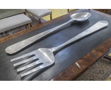 SPOON AND FORK, aluminium of substantial proportions, 120cm H. (2)