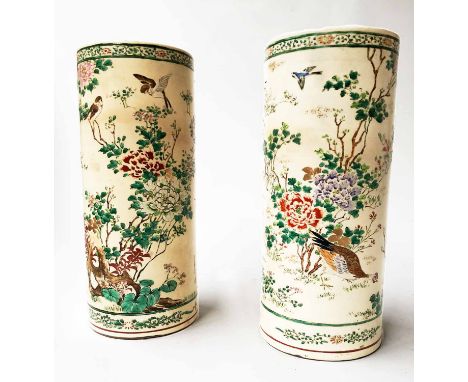 BRUSH POTS, a pair, vintage Chinese ceramic hand painted and gilded Chinoiserie decoration of birds and blossom and cream gro