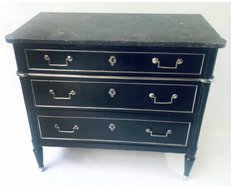 DIRECTOIRE COMMODE, early 19th century ebonised and silvered metal mounted with marble top above three long drawers flanked b