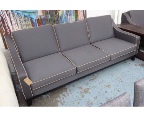 SOFA, contemporary, grey finish with white piping, 250cm W.
