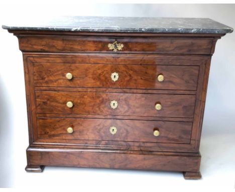 COMMODE, 19th century French Louis Philippe burr walnut and gilt metal mounted with four long drawers and St Annes grey/white