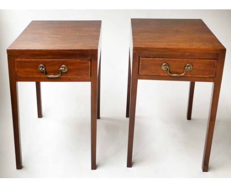 BEDSIDE LAMP TABLES, a pair, George III design mahogany and satinwood crossbanded each with a frieze drawer, 36cm x 38cm D x 