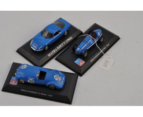 3 MOUNTED MODEL PORSCHES TO INCLUDE 2 SIMCA SCALE 1:43 FC