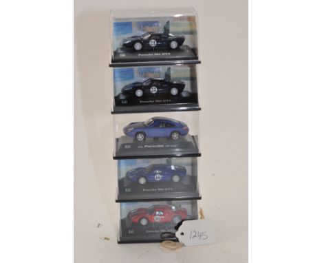 5 HONGWELL CARARAMA PORSCHE MODELS IN PRESENTATION CASES SCALE 1:87 VGC