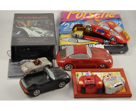 COLLECTION OF PORSCHE MEMORABILIA TO INCLUDE CERAMIC CAR, TIN, VIDEO, T SHIRT ETC FC