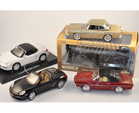 4 NOREV MODELS TO INCLUDE 2 PORSCHE BOXSTERS AND 2 RENAULTS ONE MOUNTED SCALE 1:18 1 WITH BOX FC