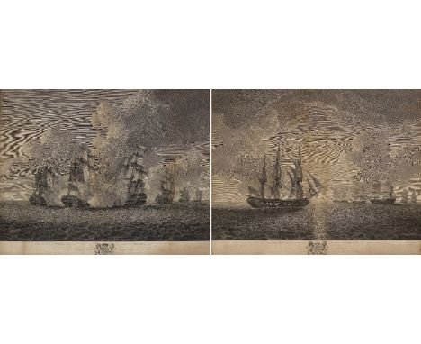 A PAIR OF 18TH CENTURY ENGRAVINGS OF ACTIONS DURING THE AMERICAN WAR OF INDEPENDENCEafter Dominic Serres, mounted in contempo