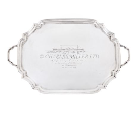 A SILVER TWIN-HANDLED TRAY COMMEMORATING THE LAUNCH OF THE S.S. BEECHWOOD, 1939with twin loop handles and raised moulded bord