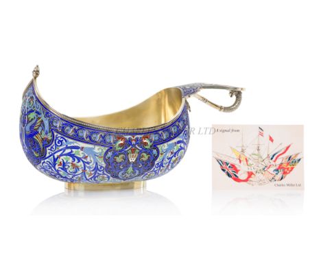 A LARGE RUSSIAN SILVER-GILT AND CLOISONNÉ ENAMEL CEREMONIAL KOVSH BY GRACHEV BROTHERS, ST PETERSBURG, CIRCA 1892decorated wit
