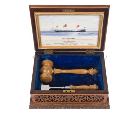 A LAUNCHING CASKET FOR H.M.S. REINDEER, 1883carved overall, the lid with acorn and oakleaves, with watercolour of Reindeer we