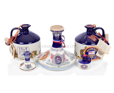A QUANTITY OF PUSSER'S RUM AND COLLECTABLES comprising a Trafalgar bicentenary ceramic marine decanter; two ceramic flagons w