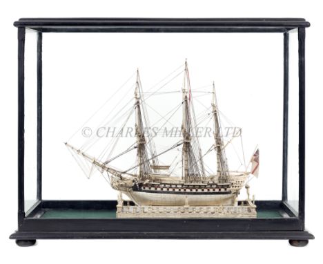 A WELL-PRESENTED NAPOLEONIC FRENCH PRISONER-OF-WAR STYLE BONE MODEL OF H.M.S. CONQUEROR (74)the 10in. hull with finely carved