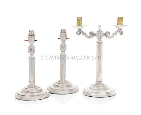 A SET OF ADMIRALTY PATTERN WARDROOM CANDELABRA, CIRCA 1930heavily constructed in nickel-plated brass with weighted bases, flu