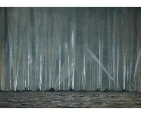 δ ATTRIBUTED TO NORMAN WILKINSON (BRITISH, 1878-1971)Searchlight display at the Spithead Review of 1937Watercolour and gouach