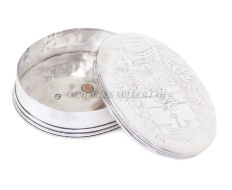 THE MAXWELL SHIPWRIGHT FAMILY SILVER TOBACCO BOX, 1698of oval form with the cover engraved with the contemporary arms of the 