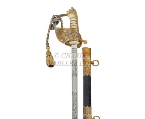 COMMANDER D. MORGAN'S ROYAL NAVY DRESS SWORD BY EICKHORN, SOLINGENthe 31in. etched ERII blade with half basket hilt inscribed