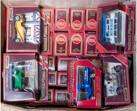 70x Matchbox Models of Yesteryear in maroon window boxes. Including; AEC bus, Renault AG, Model T Ford, Atkinson Model D Stea