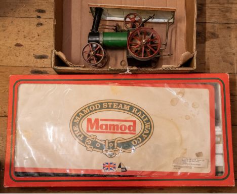 2x Mamod live steam models. A Steam Railway set comprising; 0-4-0T locomotive, open wagon, log wagon, track sections, accesso