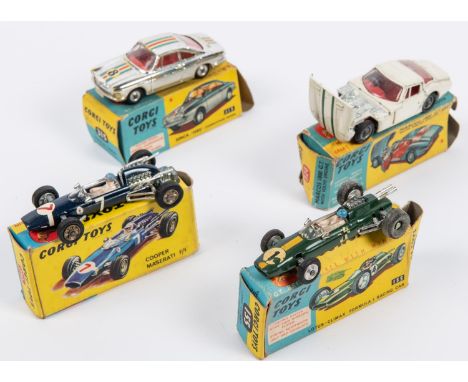 4 Corgi Toys. Lotus-Climax Formula 1 Racing Car (155). In green with yellow stripe, RN 1. Cooper Maserati F1 (156). In dark b