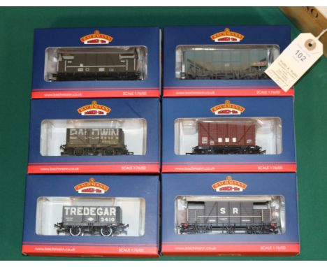 6x Bachmann Branch-Line Model Railways Wagons. 7 Plank End Door Wagon Tredegar With Load (37-091). 7 Plank Wagon Baldwin (Wea