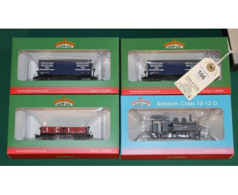 4x Bachmann Narrow Gauge 1:76/009 series. A Baldwin Class 10-12-D 'Bridget' Ashover Light Railway. Plus 3 freight wagons- 2x 