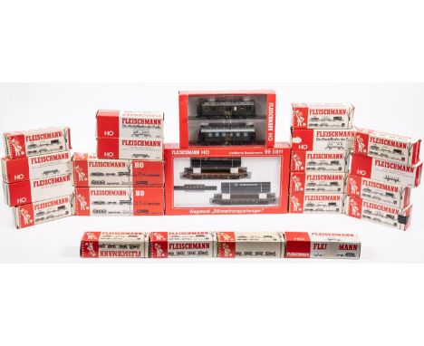A quantity of Fleischmann HO gauge Rolling Stock.  Including 2x bogie Flat Wagon with pipe load set, Mannesmann. 2x 6-wheel s