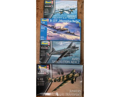 4 Revell Model Kits. All aircraft.  1:72 scale - Avro Shackleton AEW.2. Heinkel He177 A-5 'Greif'. B-17F 'Memphis Belle'. 1:4