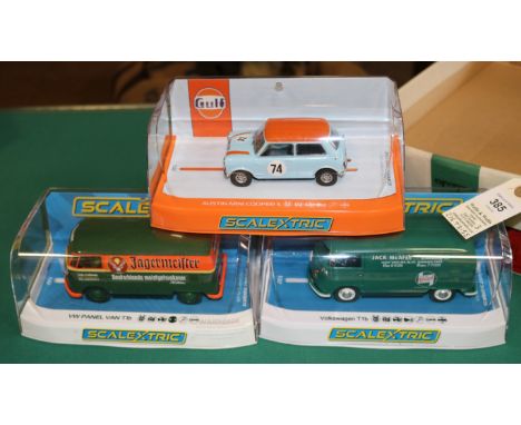 3x new issue Scalextric Volkswagens and a Racing car. 2x Volkswagen Vans, Type 1B, 'Jagermeister' and 'Jack Mcafee/Castrol'. 