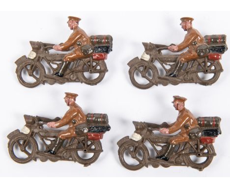 4x Britains WW! British Army Motorcycle Despatch Riders. Set 200. All with fixed wheels and all complete with handlebars and 