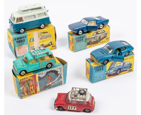 5 Corgi Toys. Ford Mustang Fastback 2+2 (320). Example in metallic dark blue, with smooth spun wheels. Plus a Ford Thames Air