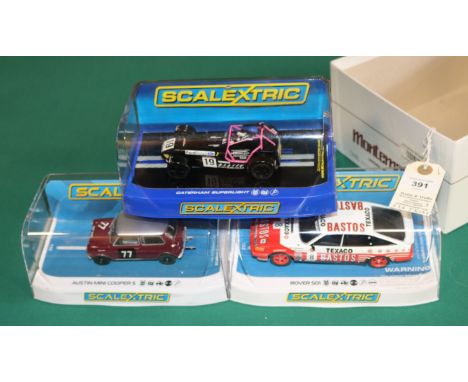 3x new issue Scalextric cars. Rover SD1 RN 8, red/white BASTOS/TEXACO livery. An Austin Mini Cooper 'S', RN77, in  Team Broad