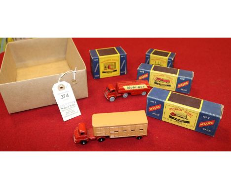 4x Matchbox Series Major Packs/Accessory Packs. M7; Thames Trader Cattle Truck with red tractor unit and ramp, brown trailer 