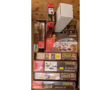 16 Faller HO gauge Buildings and Accessories. 2 Relief Town Houses. Protected Level Crossing. Hochdorf Station. 2 Houseboats.