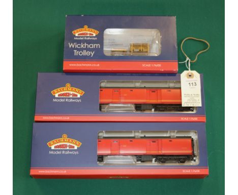 3x Bachmann Branch-Line Model Railways. Wickham Trolley Car BR Engineers (32-992). Plus 2 BR MK1 POT Coach TPO Stowage Van, R