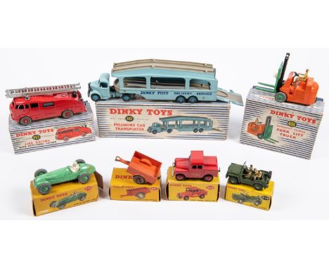 7x Dinky Toys. 235; HWM racing car in light green. 255; Mersey Tunnel Land Rover. 341; Land Rover Trailer. 401; Coventry Clim