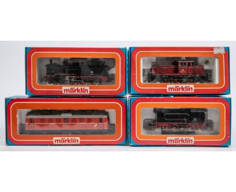 4x Marklin HO gauge 3-rail locomotives. A DB 0-6-0 diesel loco (3065), 260 417-1, in red. An OBB Bo-Bo pantograph electric lo