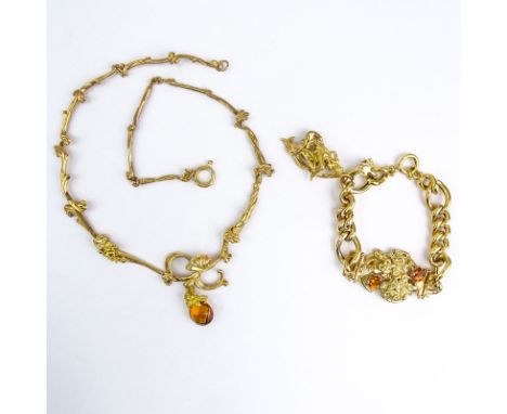 Vintage Italian Art Nouveau style 14 Karat Yellow Gold and Briolette Cut Citrine Pendant Necklace and Bracelet with Oval Cut 