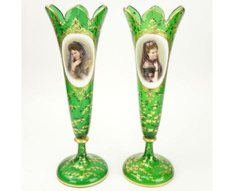 Pair Of Antique Bohemian Hand painted Portrait Vases. Portraits of beauties, gilt decoration on green glass. Unsigned. Good c
