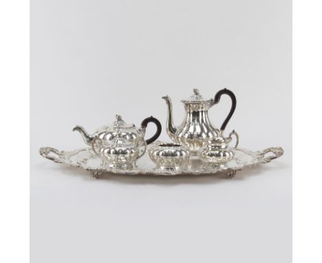 Six (6) Piece Antique English Repousse Silver Plate Tea/Coffee Service. Includes: tea pot, coffee pot, creamer and sugar, and